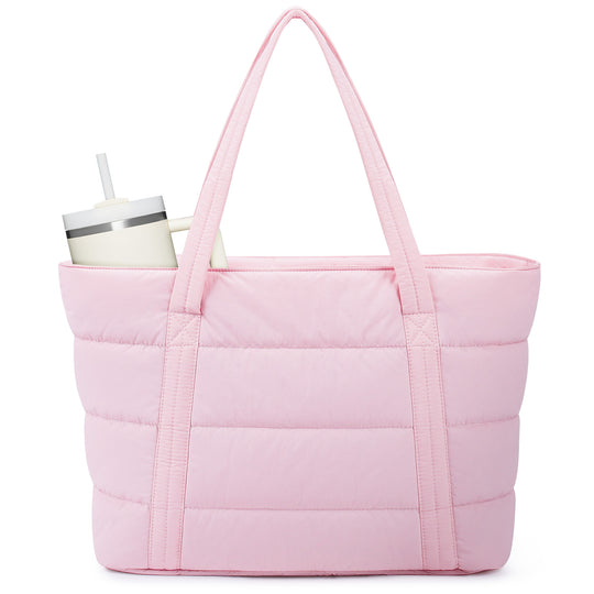Puffer Tote Bag with Water Bottle Holder & Laptop Compartment for Women Girl, Work Tote Bags for Nurse Teacher, Quilted Shoulder Bag Handbag for Travel Gym