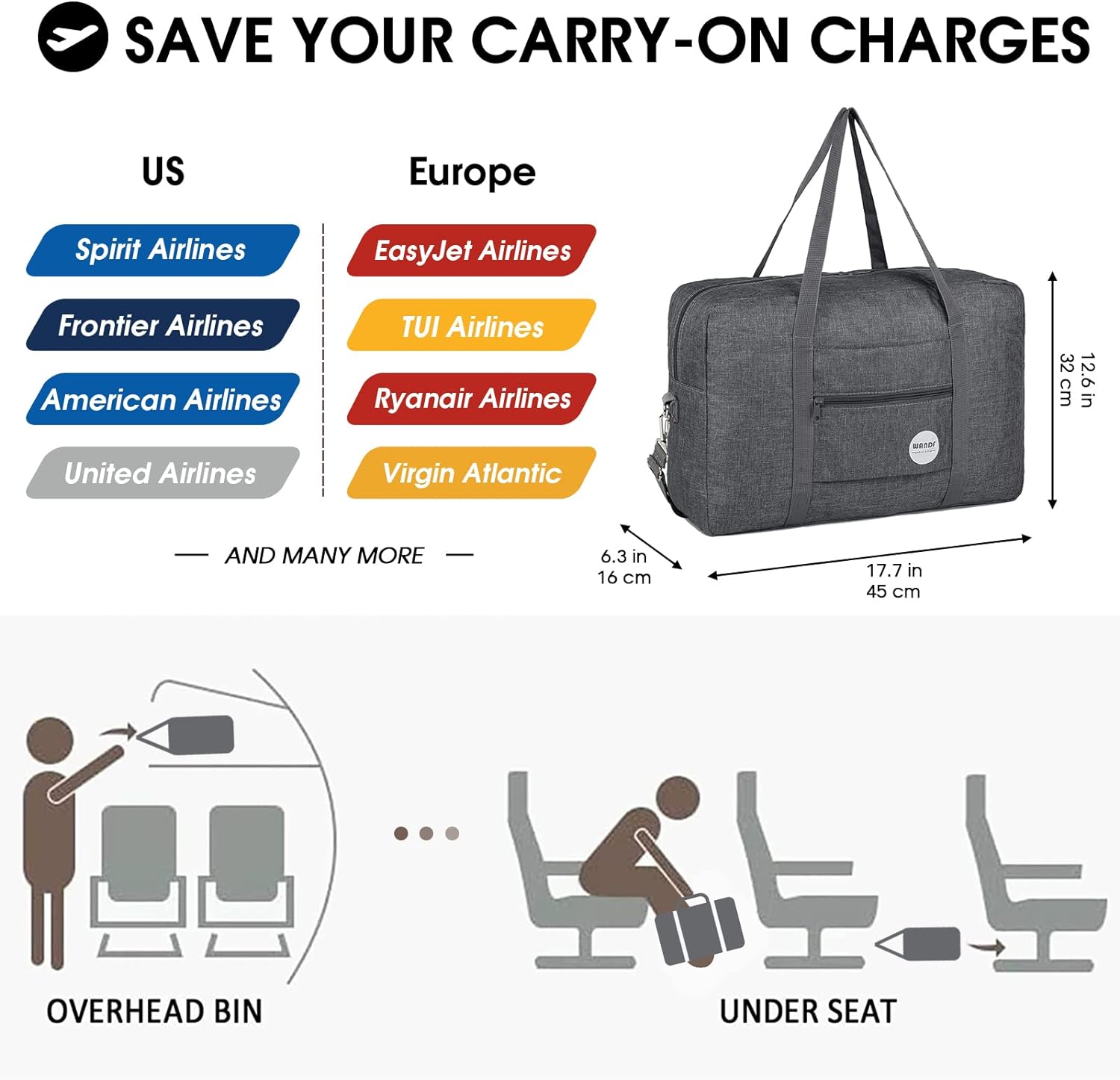 WANDF for Spirit Airlines Personal Item Bag 18x14x8 Travel Duffel Bag Underseat Foldable Carry-on Luggage for Women WANDF for Spirit Airlines Personal Item Bag 18x14x8 Travel Duffel Bag Underseat Foldable Carry-on Luggage for Women