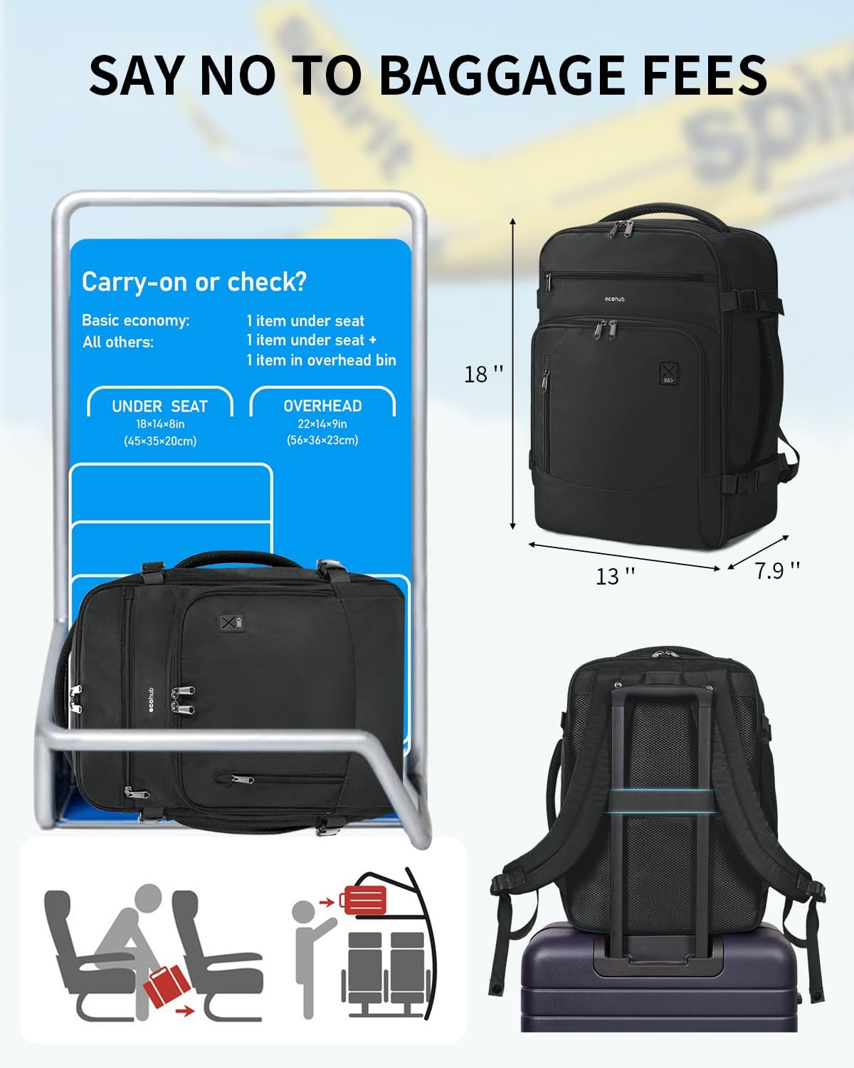 WANDF 18'' Carry on Travel Backpack with Clear Toiletry Bag,30L Airlin