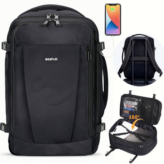 WANDF Airline Approved Travel Backpack with USB Port, 30L Waterproof Carry On Personal Item Bag 18x14x8 for Men Women, 13 Pockets Laptop Weekender Backpack, Daypack for Business Travel Gym,Black