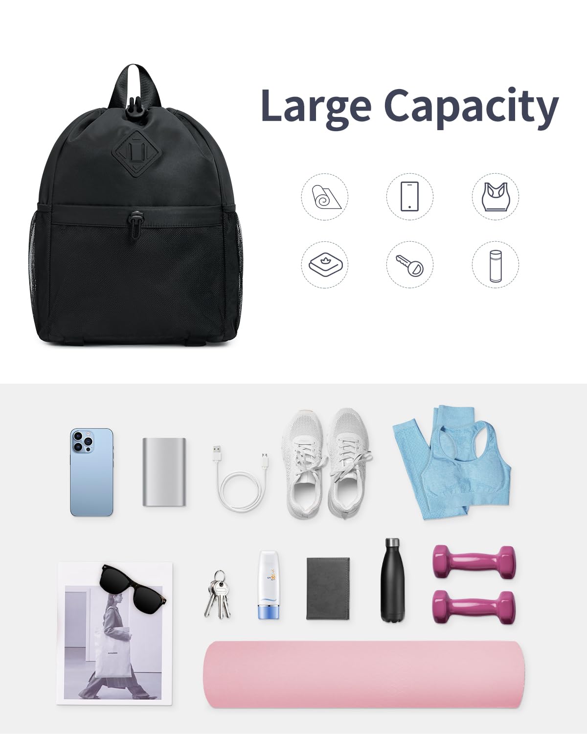 backpack for traveling with yoga matt WANDF Drawstring Backpack with Yoga Mat Strap