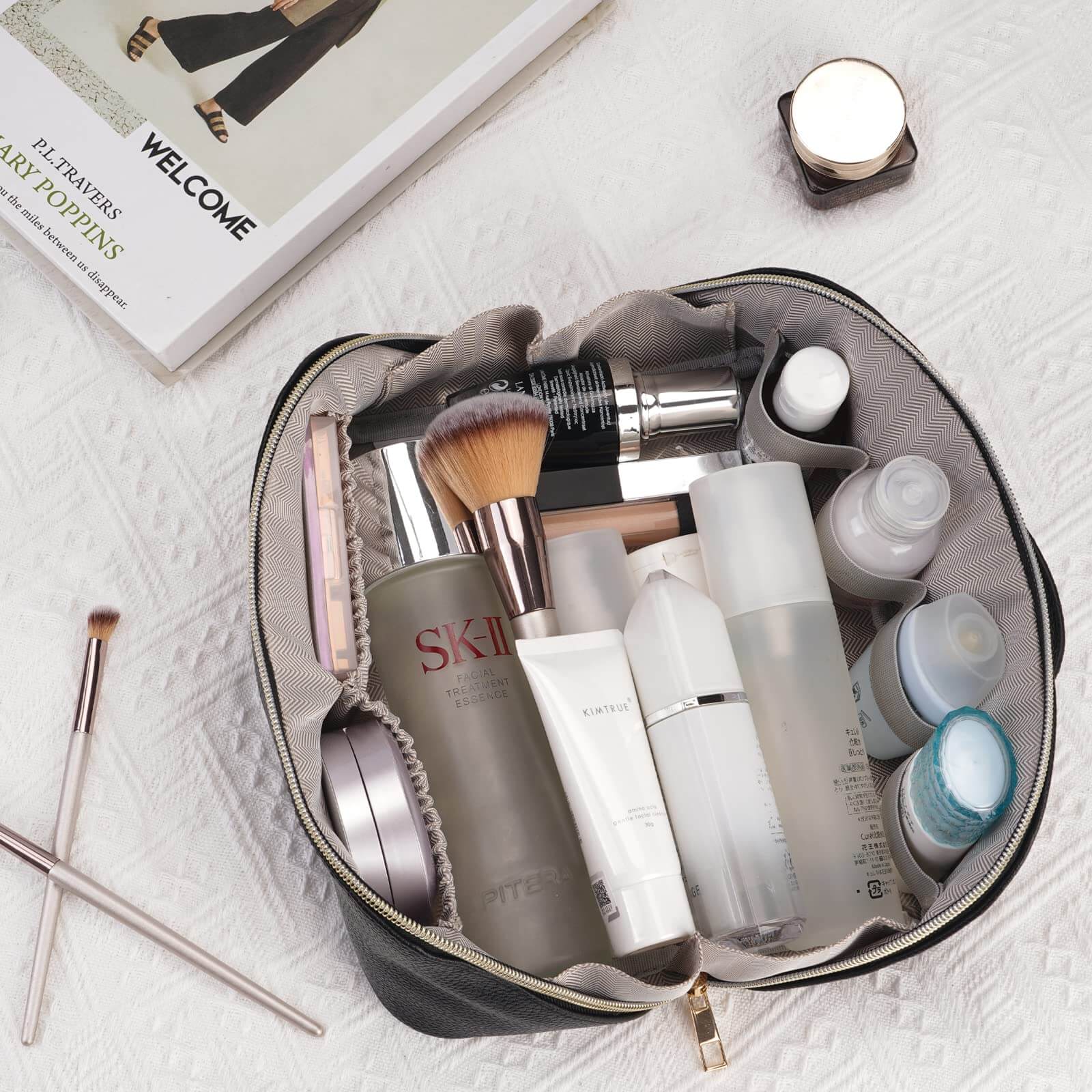 WANDF Portable Vegan Leather Open Flat Cosmetic Travel Makeup Bag