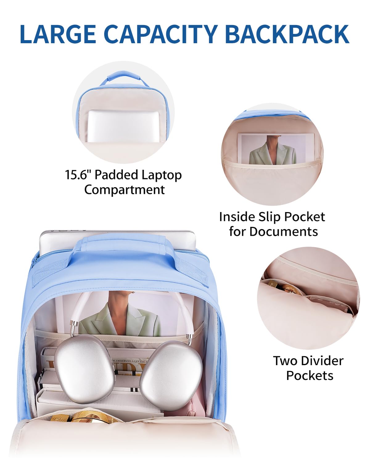 backpack padded laptop compartment WANDF Travel Laptop Backpack for Women Men, 15.6 Inch laptop Bag College Backpack with USB Port, 18x14x8 Personal Item Bag