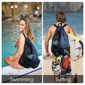 Beach Mesh Drawstring Backpack with Wet Pocket