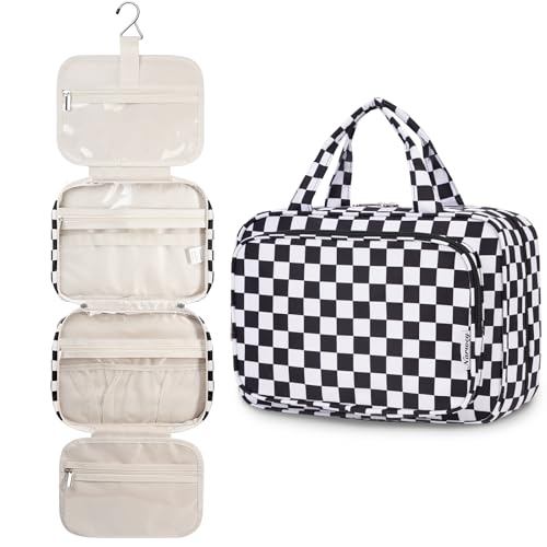 Travel Hanging Toiletry Bag for Women, 4-Layer Checkered Makeup Bag with Hanging Hook, Waterproof Foldable Dopp Kit for for Travel Size Essentials, Brushes, Cosmetics