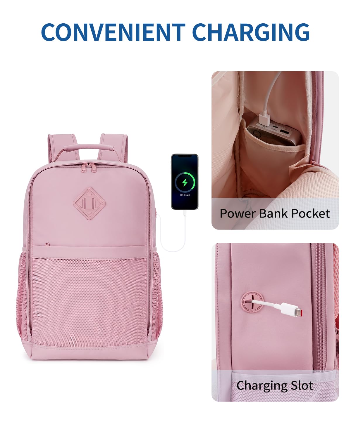 WANDF Travel Laptop Backpack for Women Men, 15.6 Inch laptop Bag College Backpack with USB Port, 18x14x8 Personal Item Bag