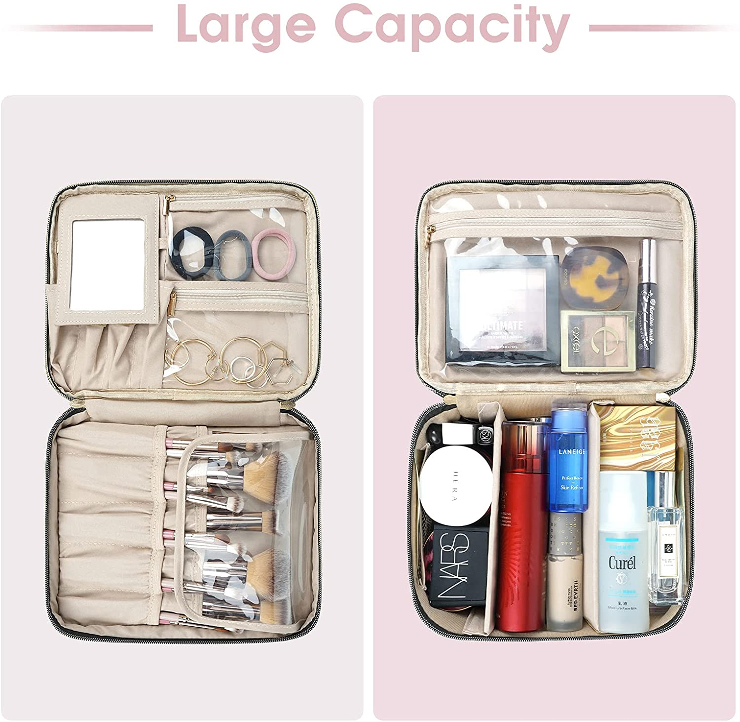 best large travel makeup bag Telena Leather Make Up Portable Bag Waterproof Cosmetic Bags for Women Capacity With Handle and Divider Open Lay Flat MAKEUP ORGANIZER BAG Award Winning Makeup Bag |