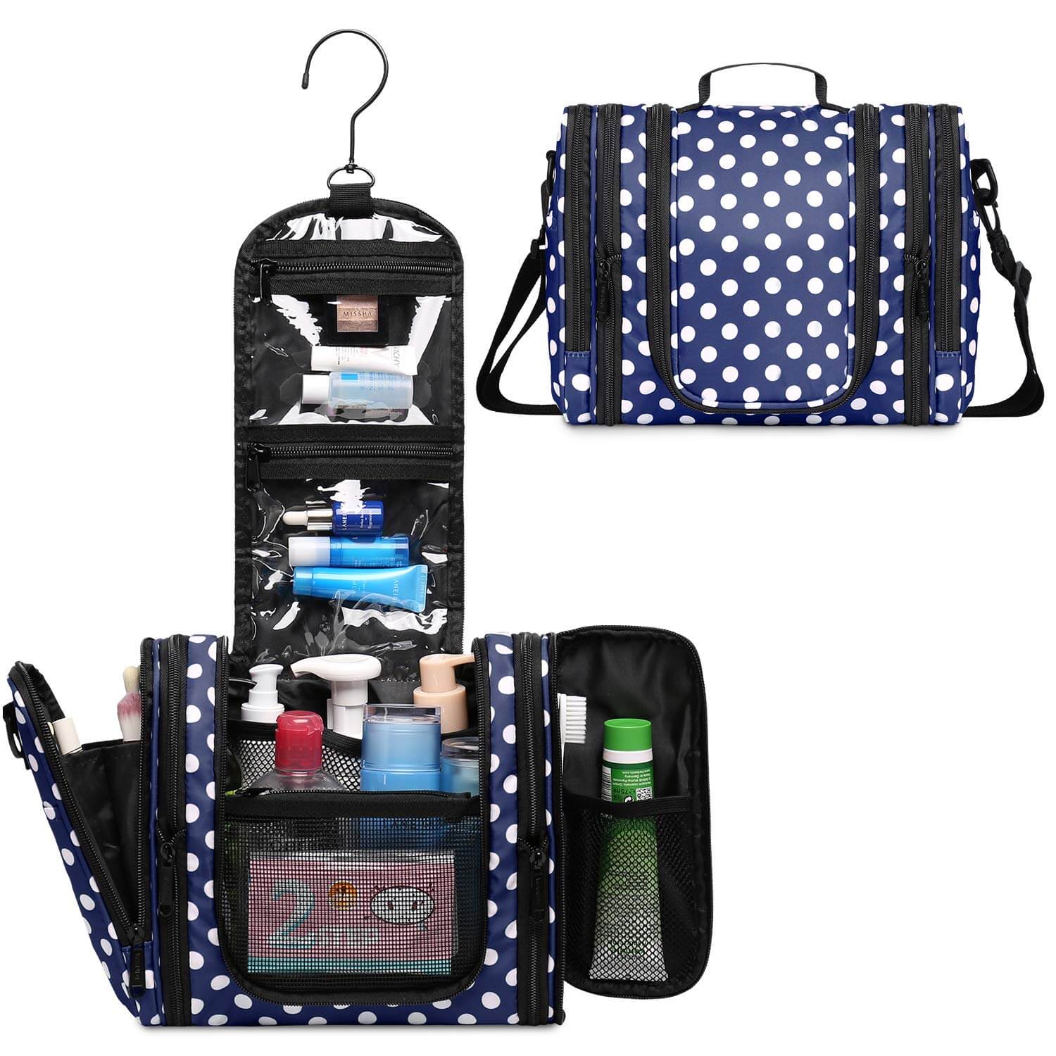 hanging travel toiletry bag cosmetic makeup organizer WANDF Expandable Toiletry Bag Hanging Dopp Kit TSA Approved Bottles Water Resistant (Navy Blue Polka Dots)